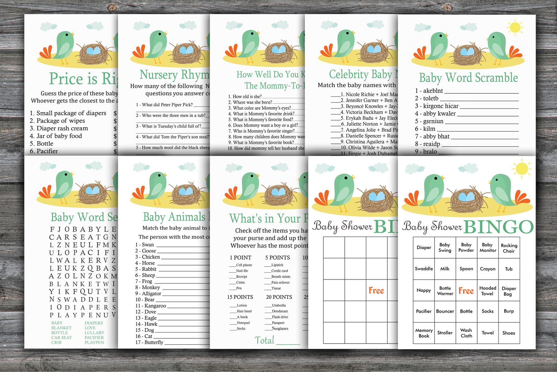Birds And Nest Baby Shower Games Package,birds Baby Shower Game Package,9 Printable Games,instant Download-338