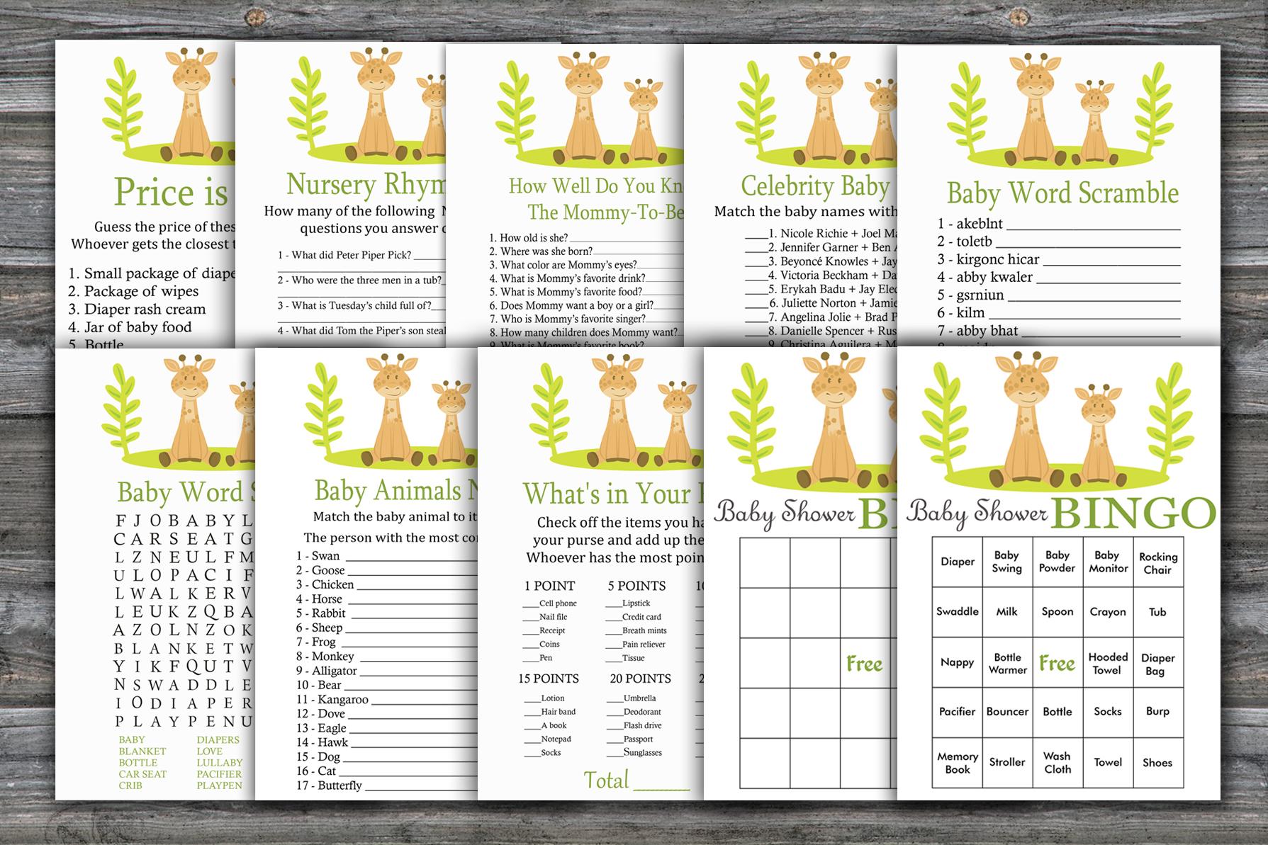 Giraffe Baby Shower Games Package,safari Baby Shower Game Package,safari Theme Baby Shower,9 Printable Games,instant Download-337