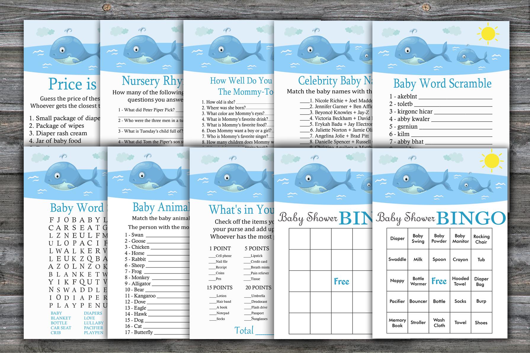 Whale Baby Shower Games Package,under The Sea Baby Shower Game Package,9 Printable Games,instant Download-335