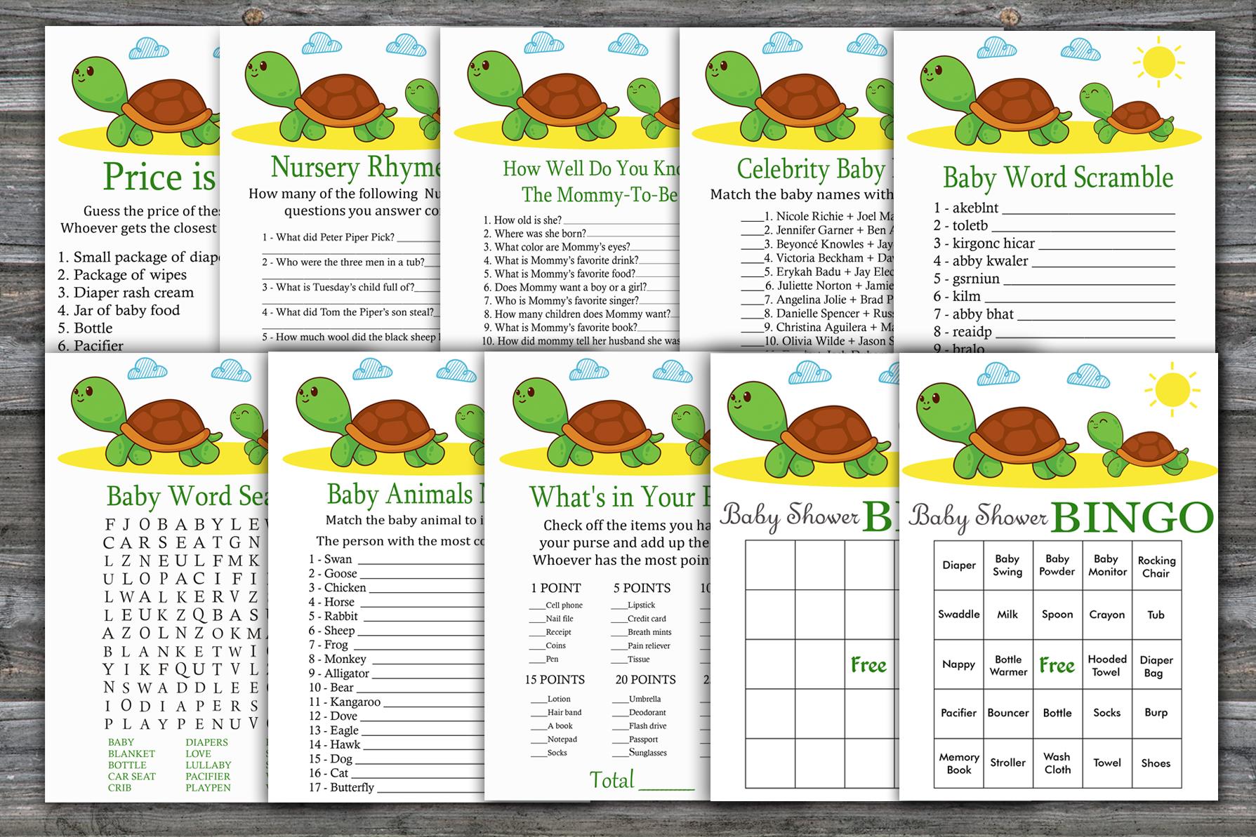 Seaturtle Baby Shower Games Package,funny Turtle Baby Shower Game Package,under The Sea Baby Shower,9 Printable Games,instant Download-333