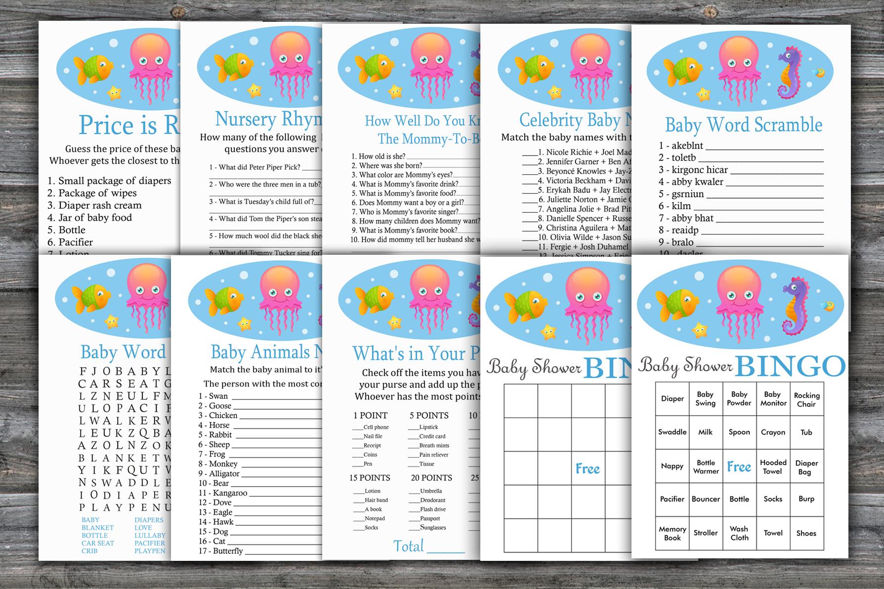 Jellyfish baby shower games package,Under the sea Baby Shower Game package,Oceane theme baby shower,9 Printable Games,INSTANT DOWNLOAD-330