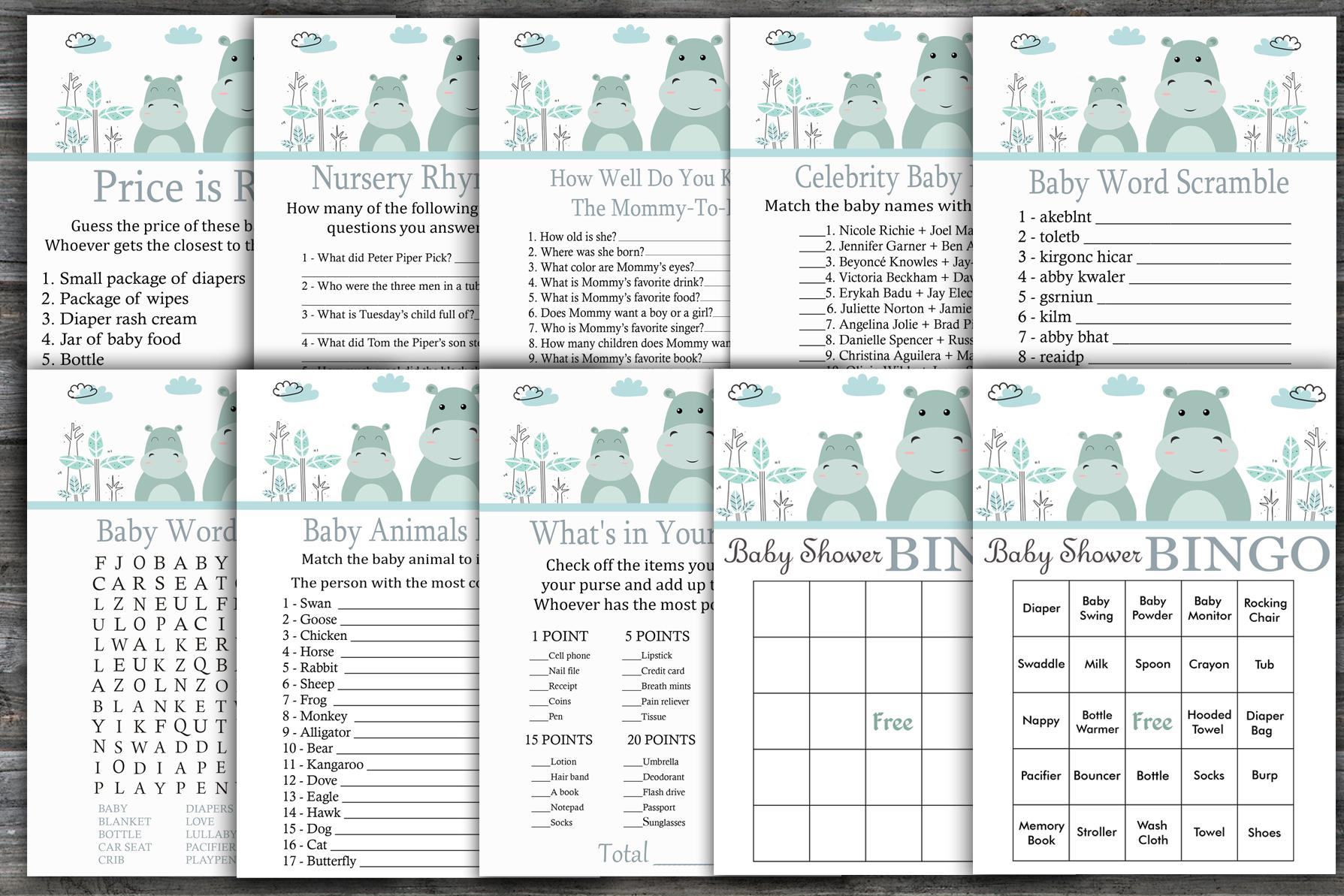 Hippo Baby Shower Games Package,safari Baby Shower Game Package,safari Theme Baby Shower Game,9 Printable Games,instant Download-325