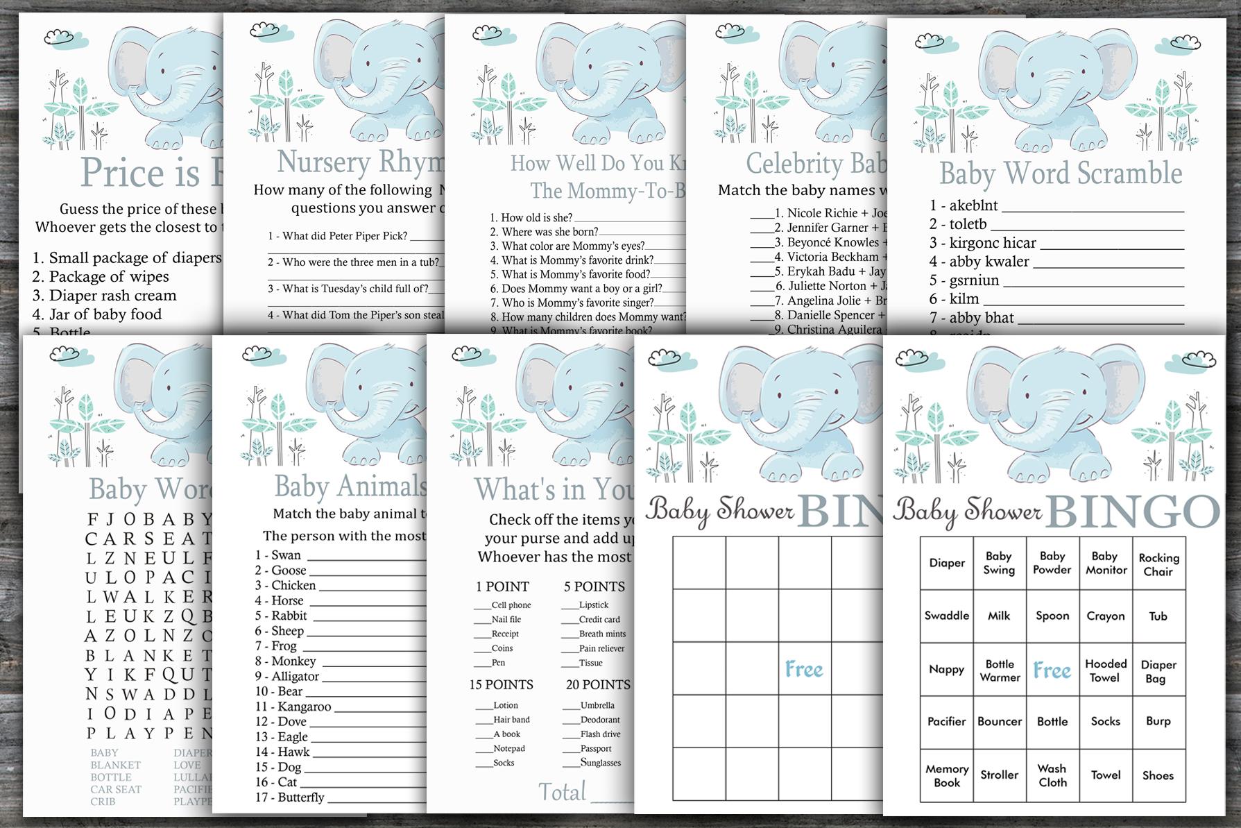 Blue elephant baby shower games package,Safari Baby Shower Game package,Jungle Baby Shower Game,9 Printable Games,INSTANT DOWNLOAD-324