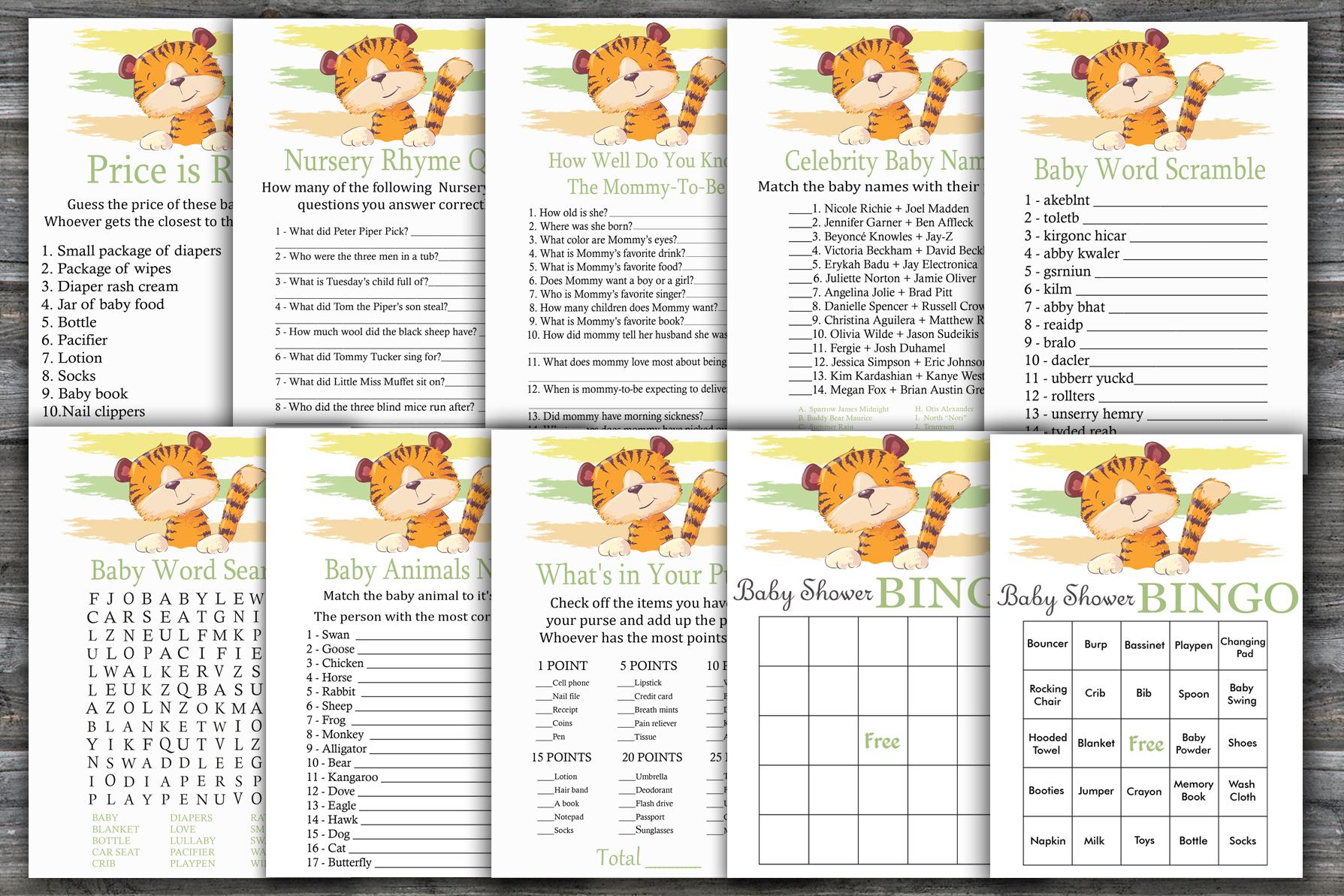 Tiger Baby Shower Games Package,jungle Baby Shower Game Package,jungle Theme Baby Shower Game,9 Printable Games,instant Download-321