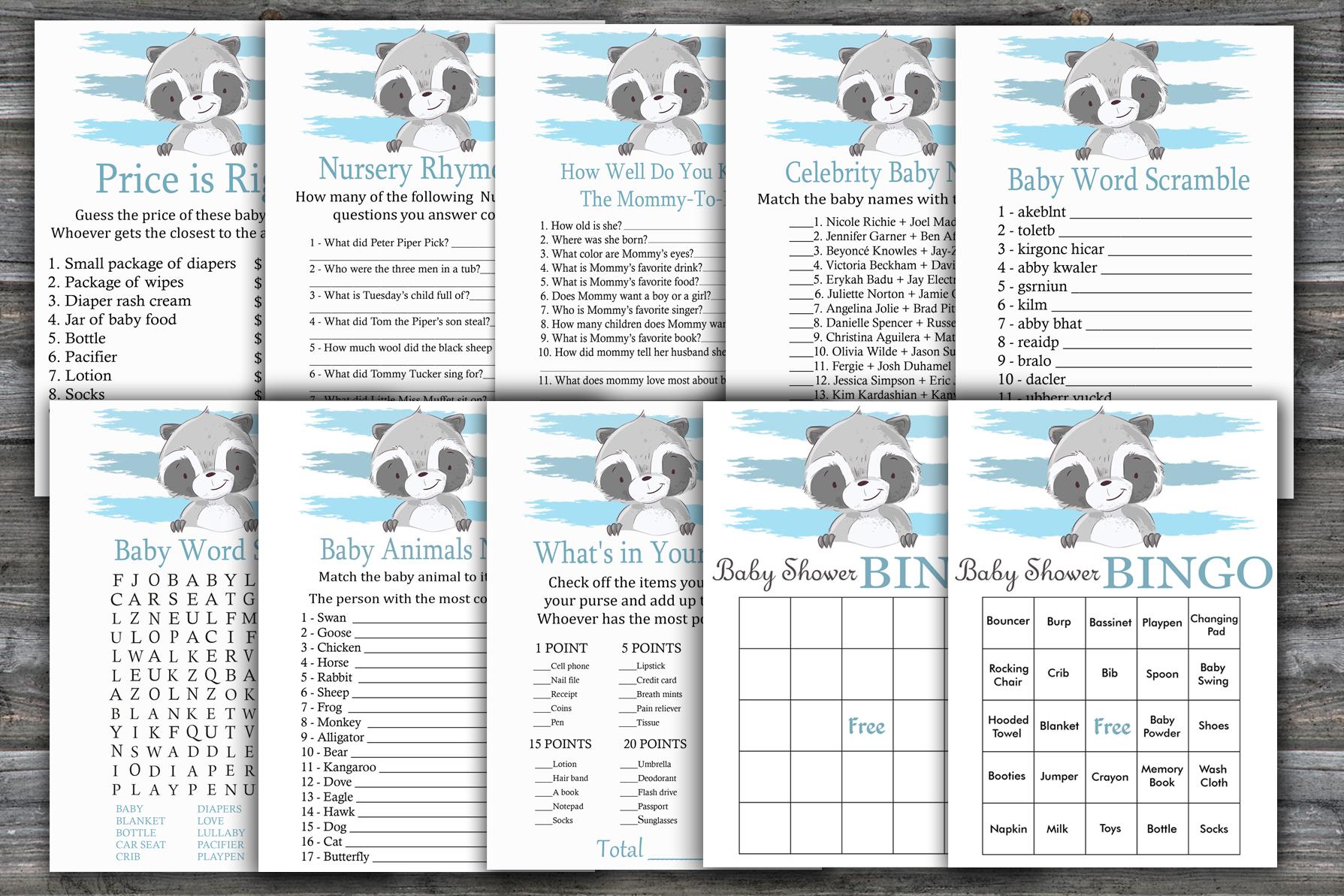 Raccoon baby shower games package,Woodland Baby Shower Game package,Woodland theme Baby Shower Game,9 Printable Games,INSTANT DOWNLOAD-320