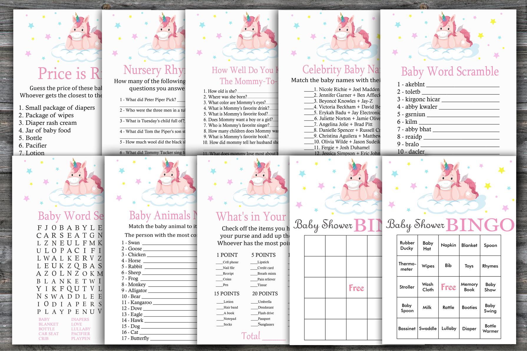 Unicorn baby shower games package,Unicorn rainbow Baby Shower Game package,Unicorn theme Baby Shower Game,9 Printable Games,INSTANT DOWNLOAD-319