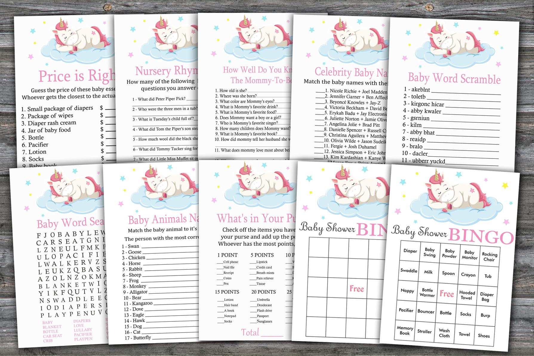 Sleeping Unicorn baby shower games package,Unicorn rainbow Baby Shower Game package,Unicorn theme Baby Shower Game,9 Printable Games,INSTANT DOWNLOAD-318