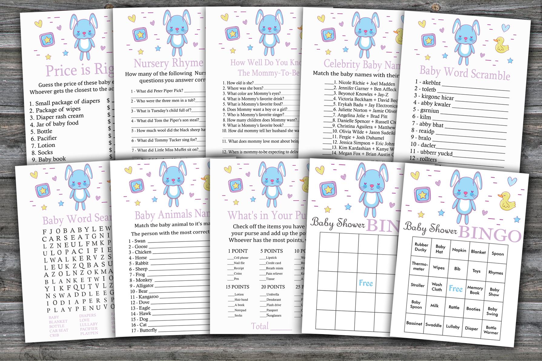  Blue rabbit baby shower games package,Bunny Baby Shower Game package,9 Printable Games,INSTANT DOWNLOAD-314