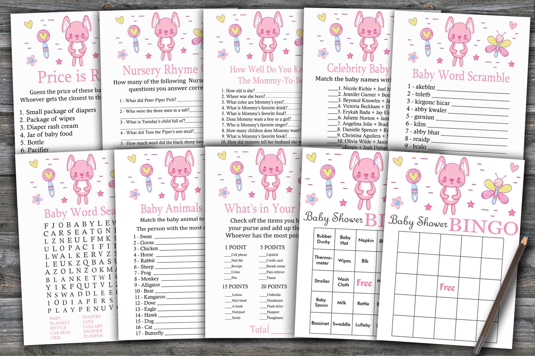 Pink rabbit baby shower games package,Bunny Baby Shower Game package,9 Printable Games,INSTANT DOWNLOAD-313