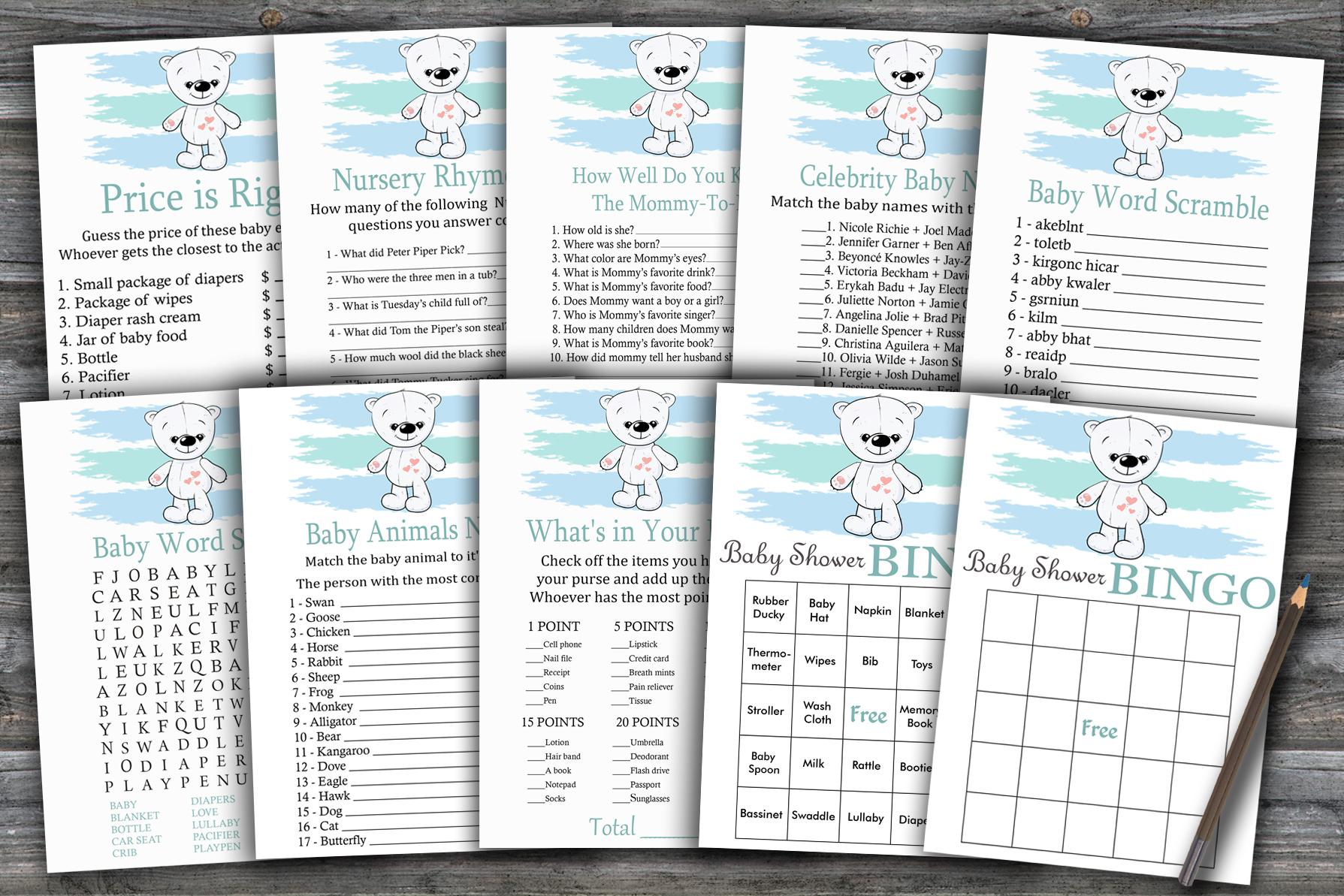 Polar bear baby shower games package,Winter animals Baby Shower Game package,9 Printable Games,INSTANT DOWNLOAD-312
