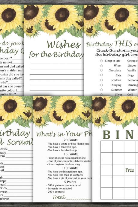 Adult Birthday Games package,Sunflower Birthday Games package,9 Birthday Games,INSTANT DOWNLOAD
