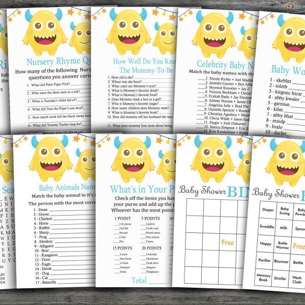 Monster baby shower games package,Baby Shower Game package,9 Printable Games,INSTANT DOWNLOAD-381