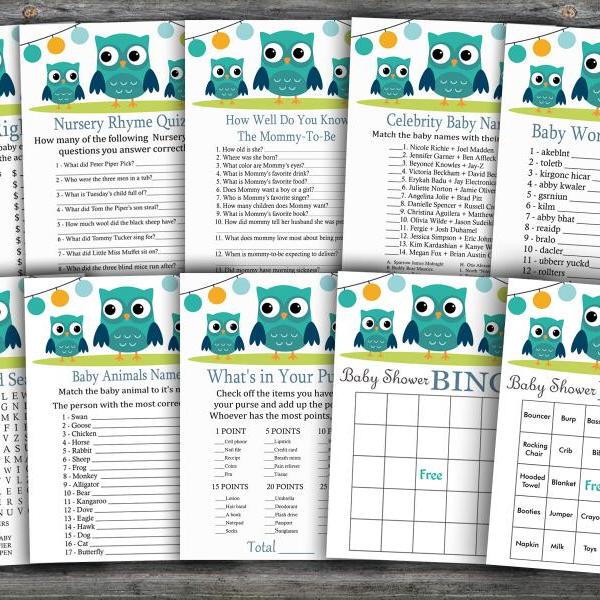 Owl baby shower games package,Woodland Baby Shower Game package,9 Printable Games,INSTANT DOWNLOAD-367