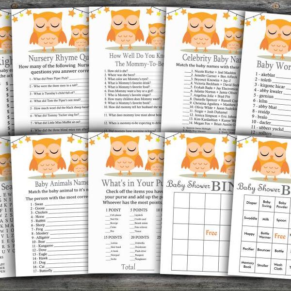Orange Owl baby shower games package,Woodland Baby Shower Game package,9 Printable Games,INSTANT DOWNLOAD-366