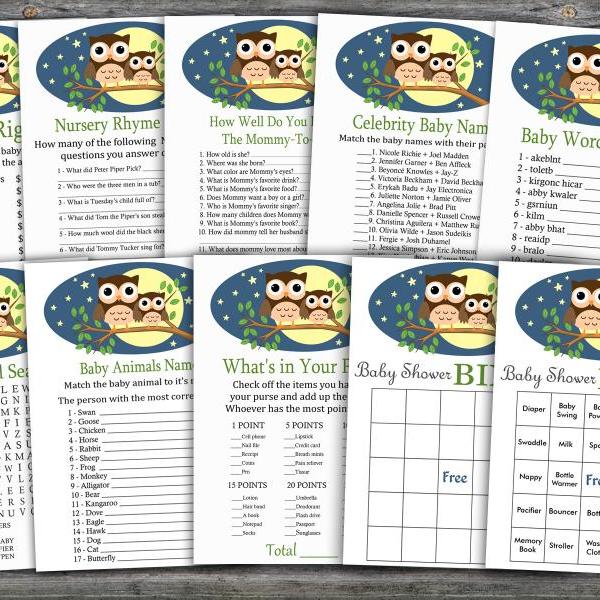 Owl baby shower games package,Woodland Baby Shower Game package,9 Printable Games,INSTANT DOWNLOAD-365