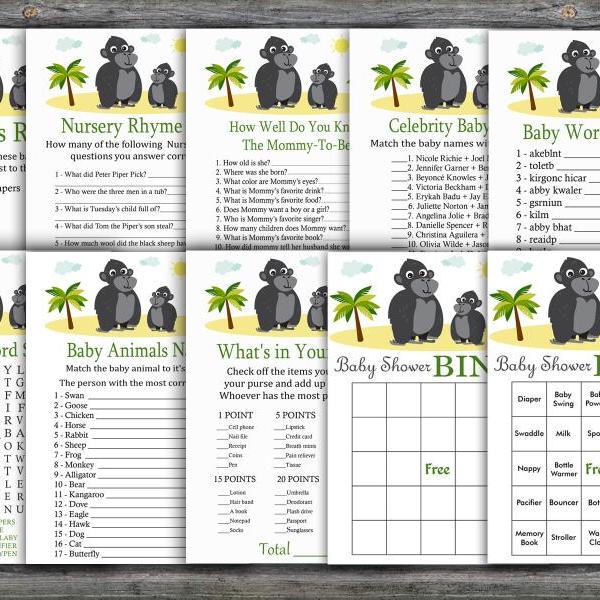 Gorilla baby shower games package,Jungle Baby Shower Game package,Monkey baby shower,9 Printable Games,INSTANT DOWNLOAD-343