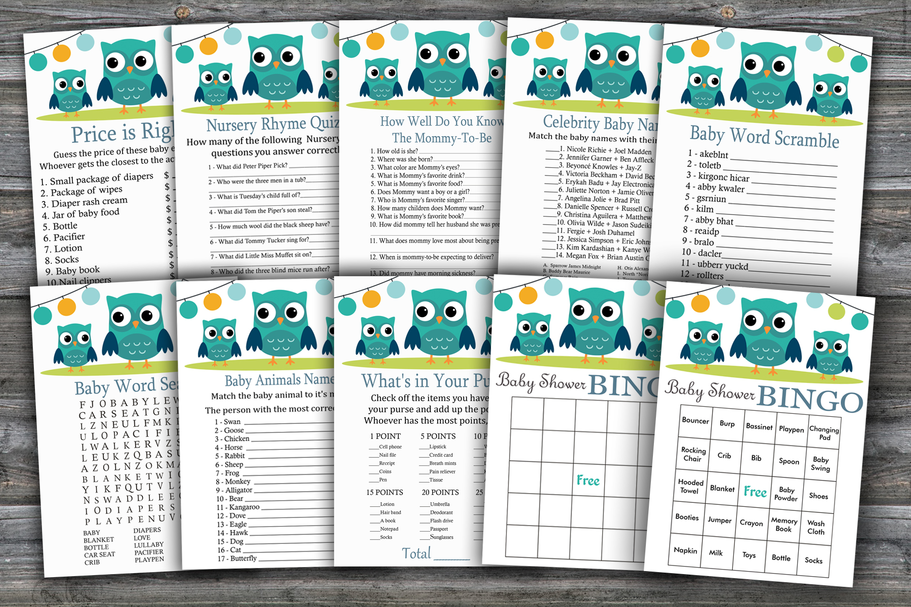 Owl Baby Shower Games Package,woodland Baby Shower Game Package,9 Printable Games,instant