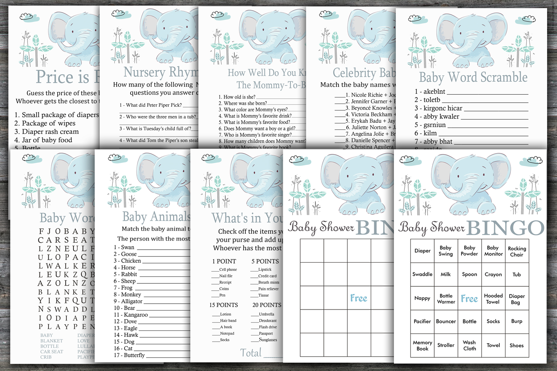 Blue Elephant Baby Shower Games Package,safari Baby Shower Game Package,jungle Baby Shower Game